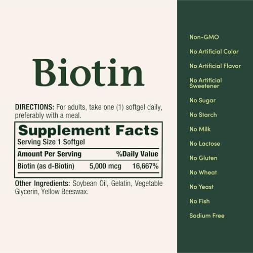 Nature's Bounty Biotin 5000 mcg – 150 Softgels für gesundes Haar, Haut und Nägel