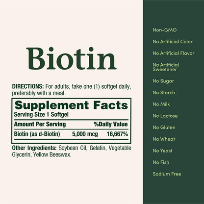 Nature's Bounty Biotin 5000 mcg – 150 Softgels für gesundes Haar, Haut und Nägel
