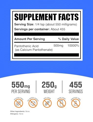 BulkSupplements.com Vitamin B5 Pulver - als Calcium-Pantothenat, B5 Vitamin - Glutenfrei, 500 mg Vitamin B5 Pantothensäure pro Portion, 250 g (8,8 oz) (1er Pack)