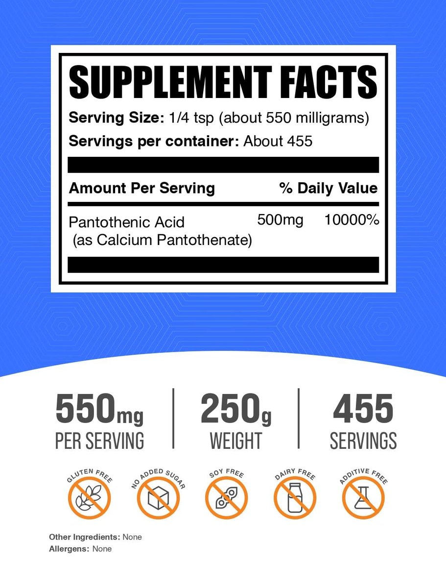 BulkSupplements.com Vitamin B5 Pulver - als Calcium-Pantothenat, B5 Vitamin - Glutenfrei, 500 mg Vitamin B5 Pantothensäure pro Portion, 250 g (8,8 oz) (1er Pack)