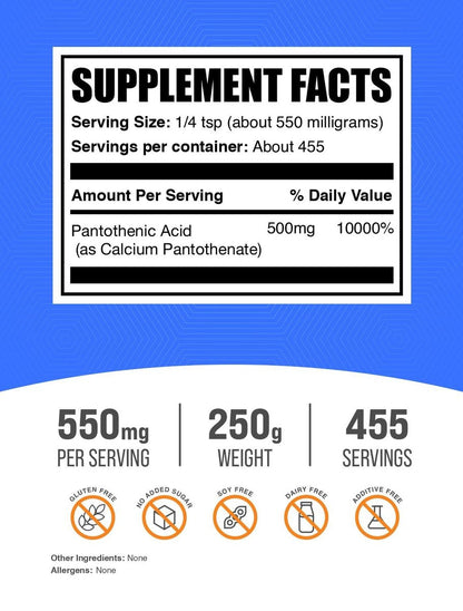 BulkSupplements.com Vitamin B5 Pulver - als Calcium-Pantothenat, B5 Vitamin - Glutenfrei, 500 mg Vitamin B5 Pantothensäure pro Portion, 250 g (8,8 oz) (1er Pack)
