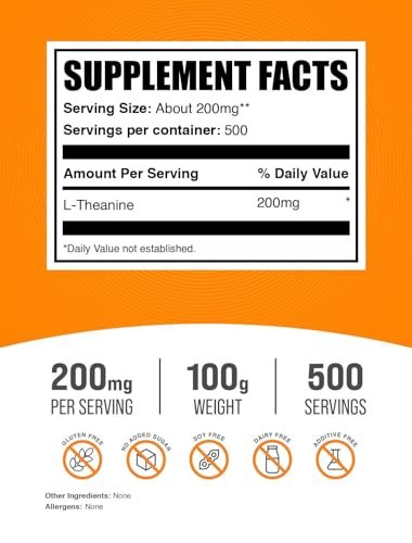 BulkSupplements.com L-Theanin Pulver - L-Theanin Nahrungsergänzung, L-Theanin 200mg - Aminosäureergänzung, Rein & Glutenfrei, 200mg pro Portion, 100g (3,5 Unzen) (1er-Pack)