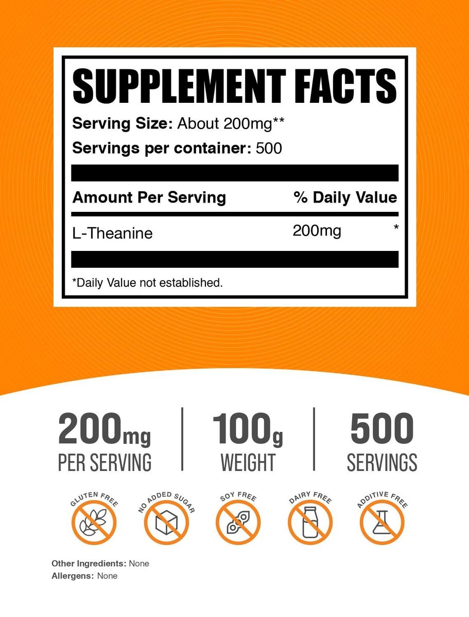 BulkSupplements.com L-Theanin Pulver - L-Theanin Nahrungsergänzung, L-Theanin 200mg - Aminosäureergänzung, Rein & Glutenfrei, 200mg pro Portion, 100g (3,5 Unzen) (1er-Pack)