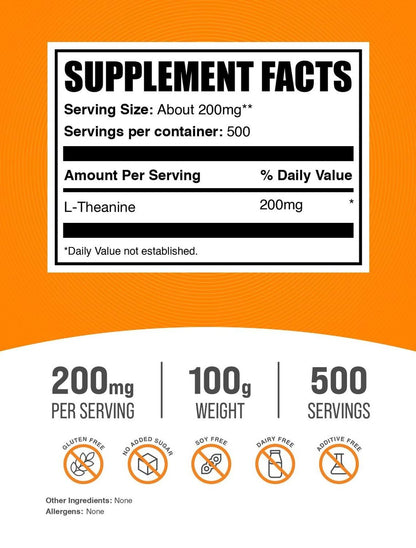 BulkSupplements.com L-Theanin Pulver - L-Theanin Nahrungsergänzung, L-Theanin 200mg - Aminosäureergänzung, Rein & Glutenfrei, 200mg pro Portion, 100g (3,5 Unzen) (1er-Pack)