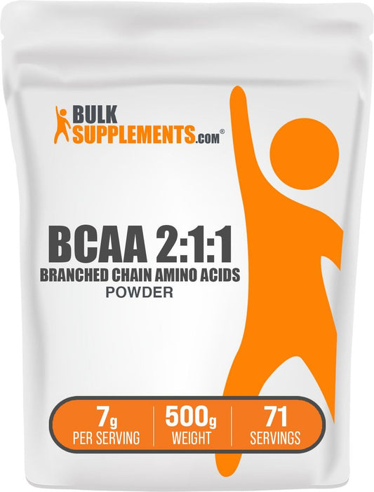 BulkSupplements.com BCAA 2:1:1 Pulver – Verzweigtkettige Aminosäuren, BCAAs, ungesüßt & glutenfrei, 1 g pro Portion, 500 g (1,1 Pfund)