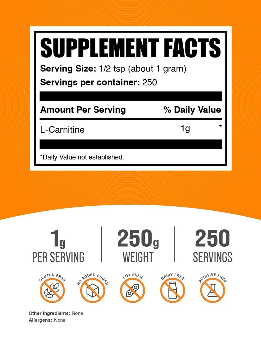 BulkSupplements L-Carnitin Pulver - 250g, ungesüßt, glutenfrei, 1g pro Portion