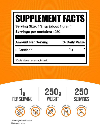 BulkSupplements L-Carnitin Pulver - 250g, ungesüßt, glutenfrei, 1g pro Portion