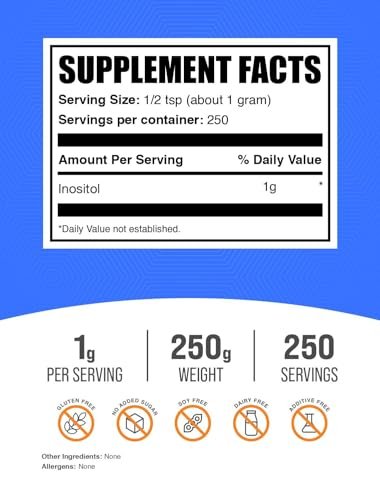 BulkSupplements.com Inositol Pulver – Inositol Nahrungsergänzung, Vitamin B8 Pulver – Ungeschmackvoll & Glutenfrei, 1 g pro Portion, 250 g (8,8 oz) (1er-Pack)
