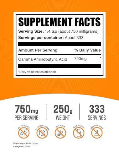 BulkSupplements.com GABA-Pulver – Gamma-Aminobuttersäure, Aminosäure-Ergänzung, glutenfrei, 750 mg pro Portion, 250 g (8,8 oz)