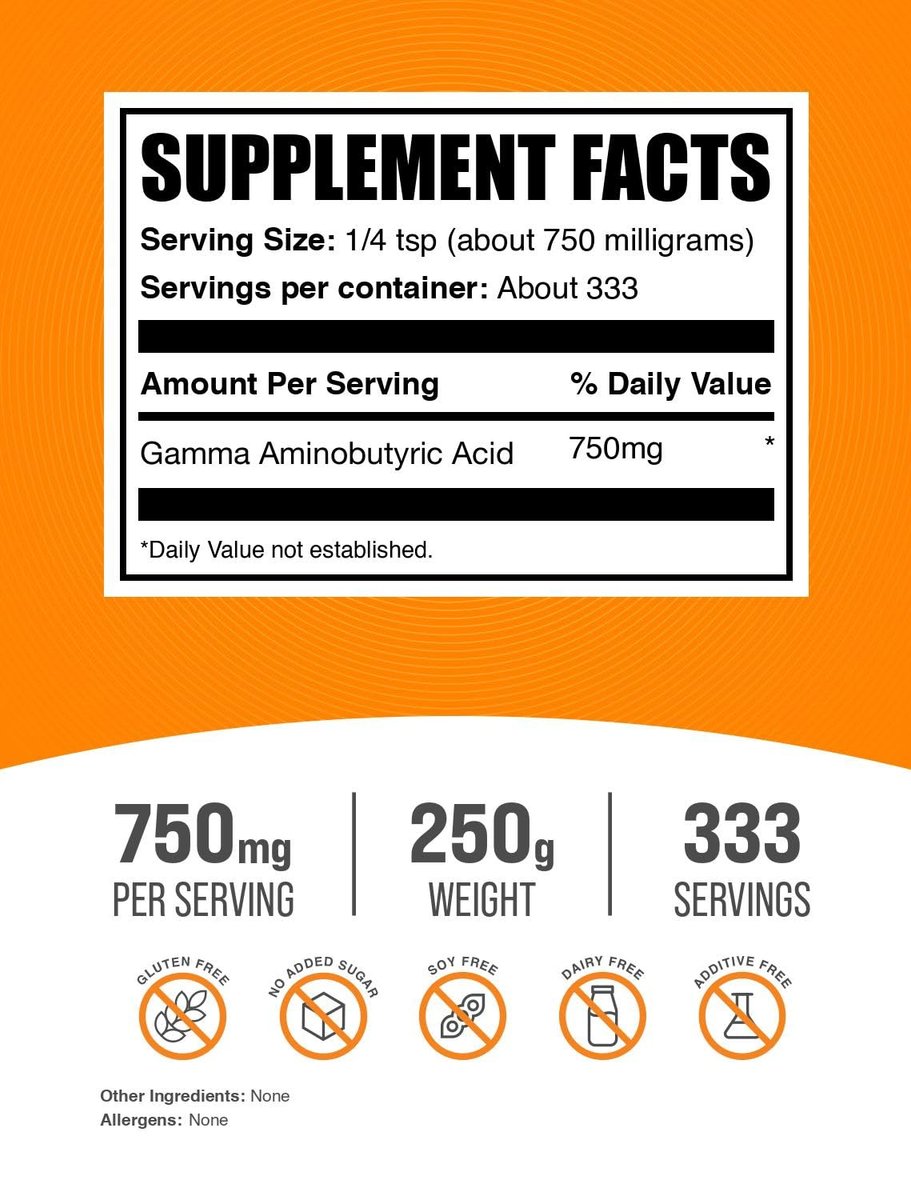 BulkSupplements.com GABA-Pulver – Gamma-Aminobuttersäure, Aminosäure-Ergänzung, glutenfrei, 750 mg pro Portion, 250 g (8,8 oz)