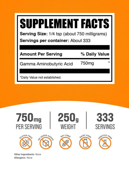BulkSupplements.com GABA-Pulver – Gamma-Aminobuttersäure, Aminosäure-Ergänzung, glutenfrei, 750 mg pro Portion, 250 g (8,8 oz)