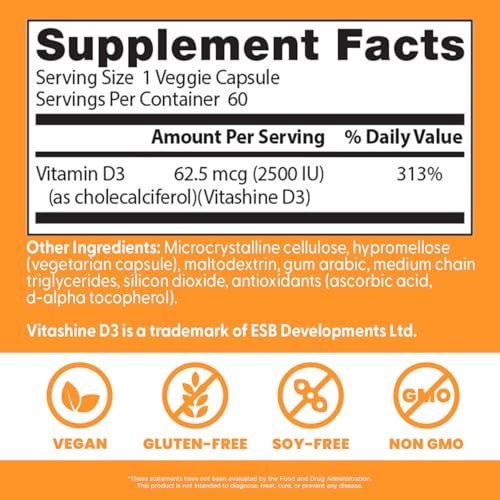 Doctor's Best Veganes Vitamin D3 2500 IE – 60 vegane Kapseln für Knochen, Immunsystem & Herzgesundheit