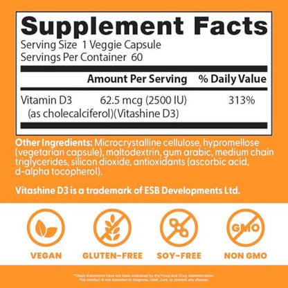 Doctor's Best Veganes Vitamin D3 2500 IE – 60 vegane Kapseln für Knochen, Immunsystem & Herzgesundheit