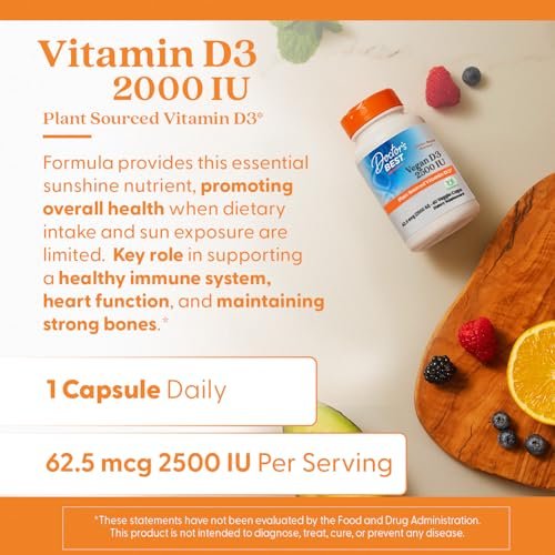 Doctor's Best Veganes Vitamin D3 2500 IE – 60 vegane Kapseln für Knochen, Immunsystem & Herzgesundheit