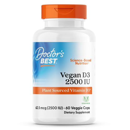Doctor's Best Veganes Vitamin D3 2500 IE – 60 vegane Kapseln für Knochen, Immunsystem & Herzgesundheit