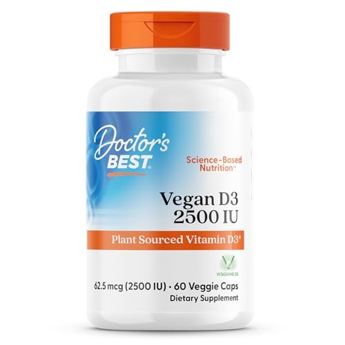 Doctor's Best Veganes Vitamin D3 2500 IE – 60 vegane Kapseln für Knochen, Immunsystem & Herzgesundheit