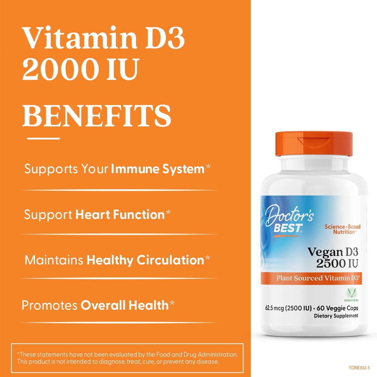 Doctor's Best Veganes Vitamin D3 2500 IE – 60 vegane Kapseln für Knochen, Immunsystem & Herzgesundheit