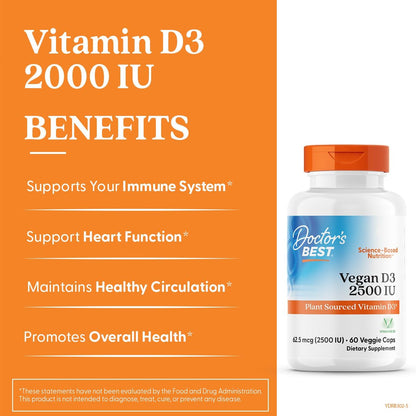 Doctor's Best Veganes Vitamin D3 2500 IE – 60 vegane Kapseln für Knochen, Immunsystem & Herzgesundheit