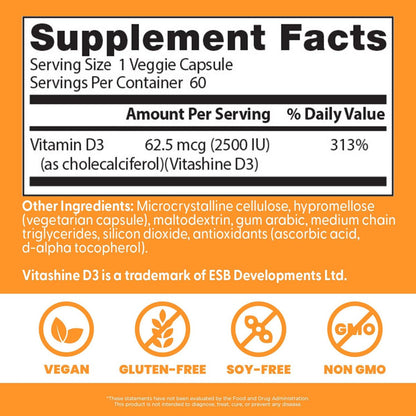 Doctor's Best Veganes Vitamin D3 2500 IE – 60 vegane Kapseln für Knochen, Immunsystem & Herzgesundheit