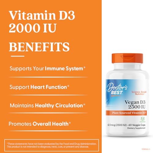 Doctor's Best Veganes Vitamin D3 2500 IE – 60 vegane Kapseln für Knochen, Immunsystem & Herzgesundheit