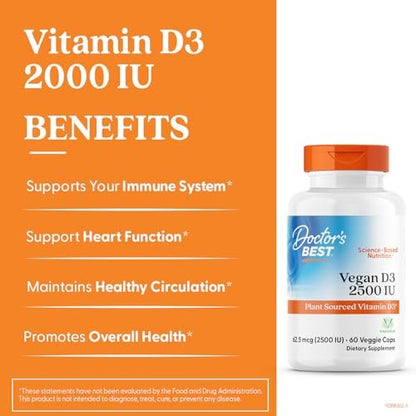 Doctor's Best Veganes Vitamin D3 2500 IE – 60 vegane Kapseln für Knochen, Immunsystem & Herzgesundheit