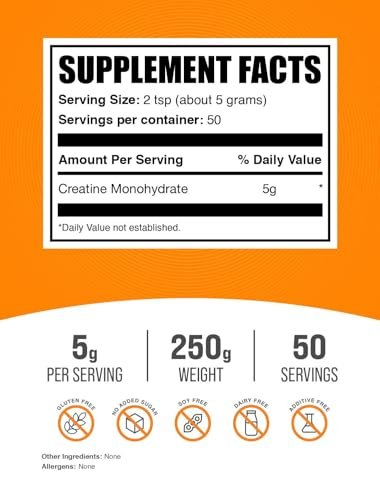 BulkSupplements.com Kreatin Monohydrat Pulver - Mikronisiertes Kreatin Pulver, ungewürzt - Rein & Glutenfrei, 5 g (5000 mg) pro Portion, 250 g (8,8 oz) (1er-Pack)