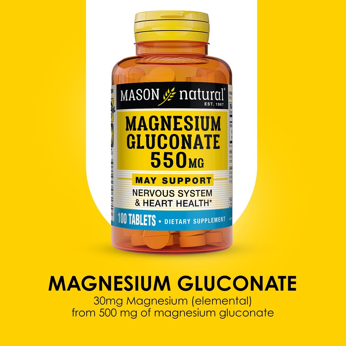 Mason Natural Magnesium Gluconat 550 mg, 100 Tabletten – Unterstützt Herz und Nervensystem