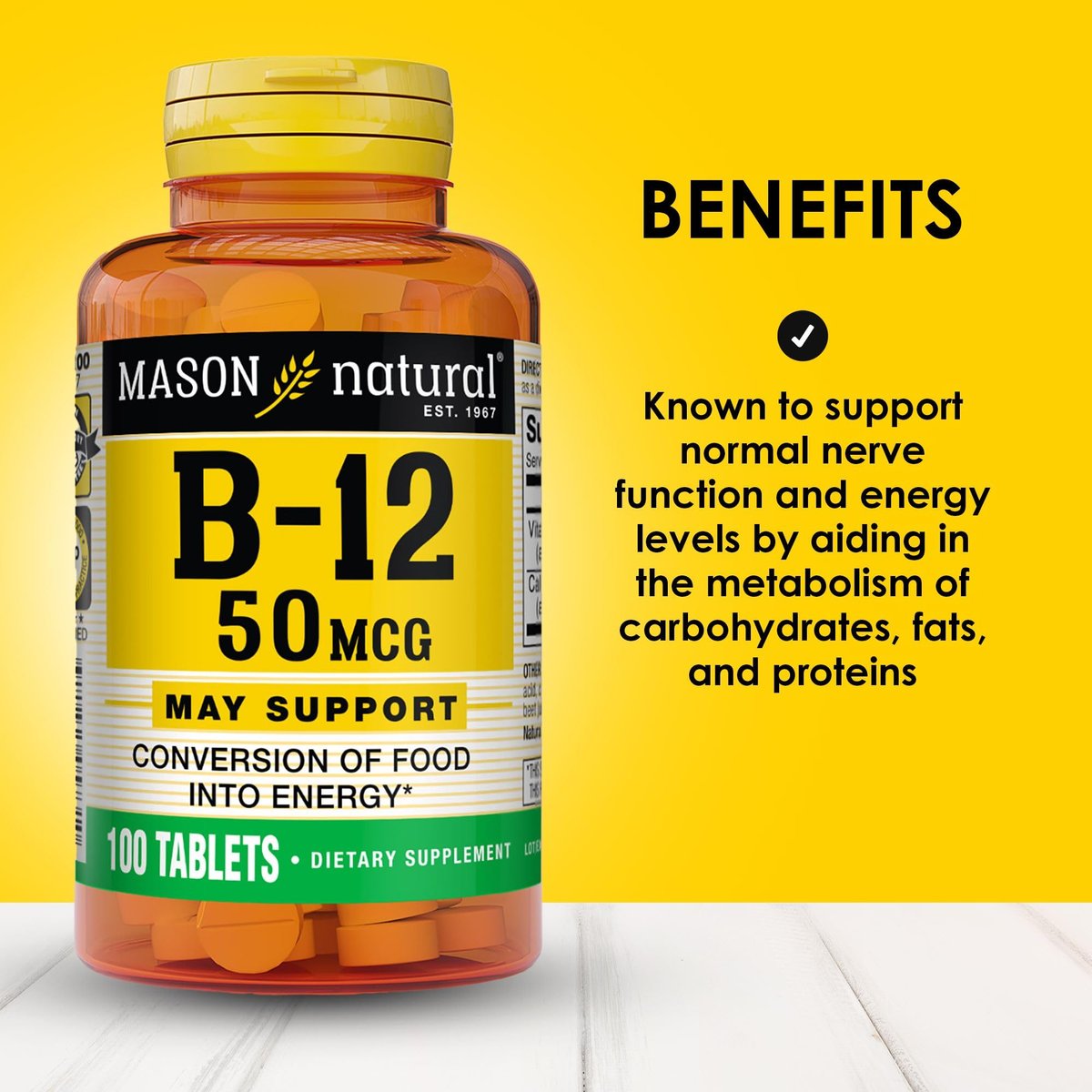 MASON NATURAL Vitamin B12 50 mcg mit Calcium, 100-Tage-Vorrat, Nahrungsergänzungsmittel zur Unterstützung des natürlichen Energielevels, 100 Tabletten