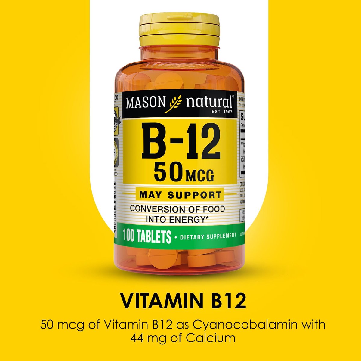 MASON NATURAL Vitamin B12 50 mcg mit Calcium, 100-Tage-Vorrat, Nahrungsergänzungsmittel zur Unterstützung des natürlichen Energielevels, 100 Tabletten