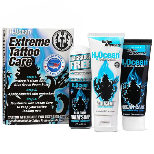 H2Ocean Extreme Tattoo Aftercare Kit – Komplettes 3-Stufen-Tattoopflege-Set mit antibakteriellem Schaumseife, Feuchtigkeitscreme und Salbe – Meeresmineral-angereicherte Formel für gesunde, lebendige Tattoos