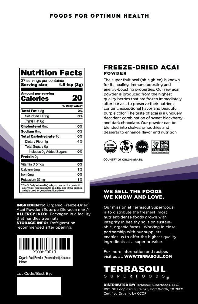 Terrasoul Superfoods Bio Açaí-Pulver, 113 g, gefriergetrocknet für Frische, Omega-Fette für Smoothie Bowls und Antioxidantien-reiche Superfood-Rezepte