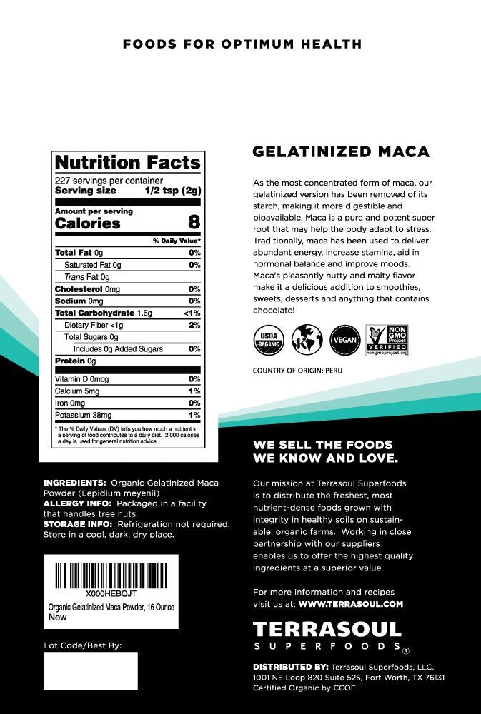 Terrasoul Superfoods Bio Gelatinisiertes Maca-Pulver, 454 g, Hormonbalance, Energie-Boost und Superfood-Smoothies mit peruanischer Maca-Wurzel, Gelatinisiert für leichte Verdauung