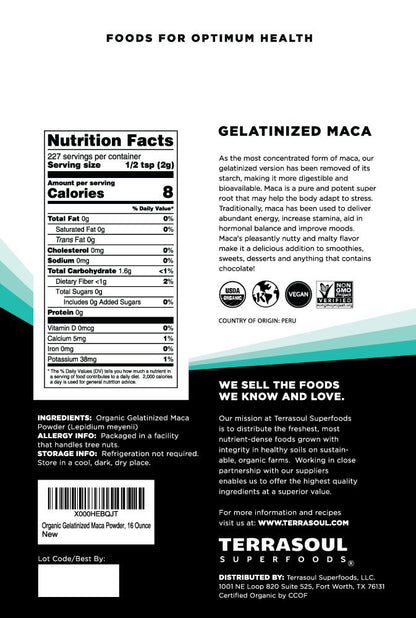 Terrasoul Superfoods Bio Gelatinisiertes Maca-Pulver, 454 g, Hormonbalance, Energie-Boost und Superfood-Smoothies mit peruanischer Maca-Wurzel, Gelatinisiert für leichte Verdauung