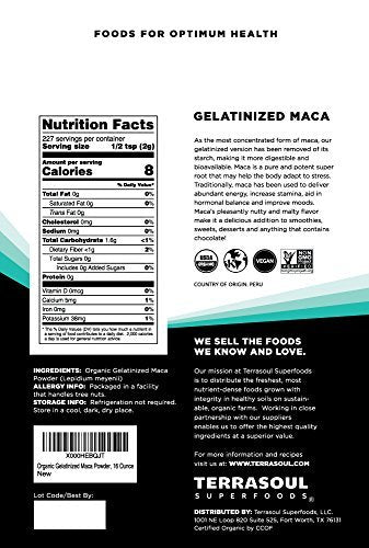 Terrasoul Superfoods Bio Gelatinisiertes Maca-Pulver, 454 g, Hormonbalance, Energie-Boost und Superfood-Smoothies mit peruanischer Maca-Wurzel, Gelatinisiert für leichte Verdauung