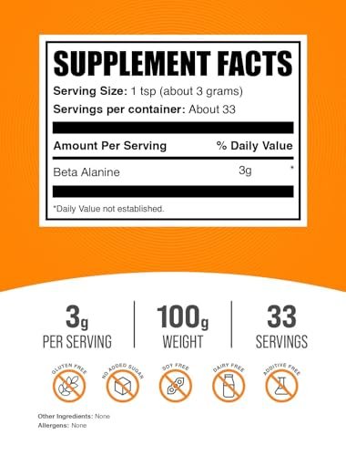 BulkSupplements.com Beta-Alanin-Pulver – Geschmacksneutral, glutenfrei, 3 g pro Portion, 100 g (3,5 oz) – Pre-Workout-Supplement