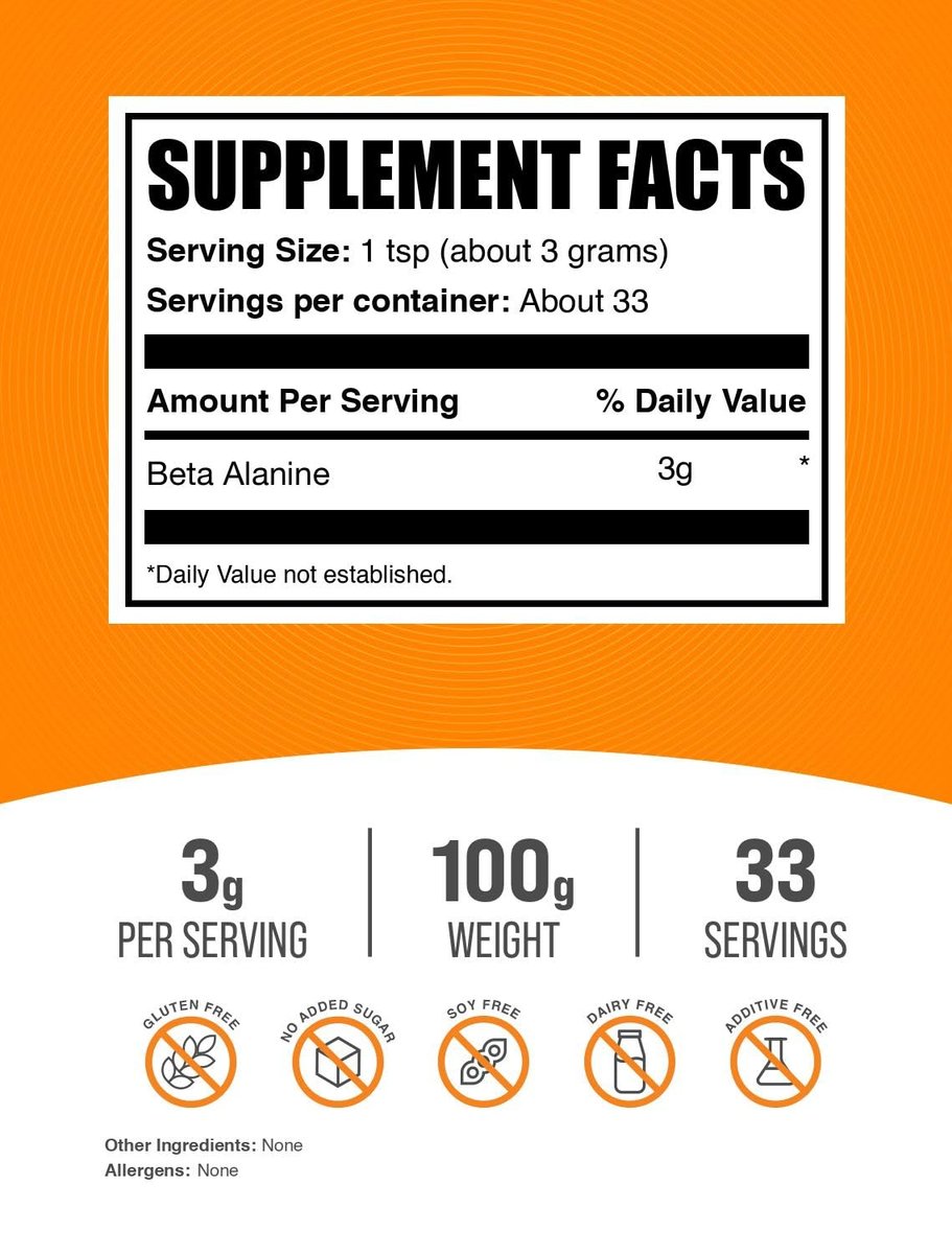 BulkSupplements.com Beta-Alanin-Pulver – Geschmacksneutral, glutenfrei, 3 g pro Portion, 100 g (3,5 oz) – Pre-Workout-Supplement