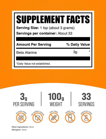 BulkSupplements.com Beta-Alanin-Pulver – Geschmacksneutral, glutenfrei, 3 g pro Portion, 100 g (3,5 oz) – Pre-Workout-Supplement