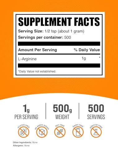 BulkSupplements L-Arginin Pulver - L-Arginin Base, Arginin 1000mg, Arginin Supplement - Stickstoffmonoxid Pulver, Stickoxid Supplement - Glutenfrei, 1000mg pro Portion, 500g (1,1 Pfund)
