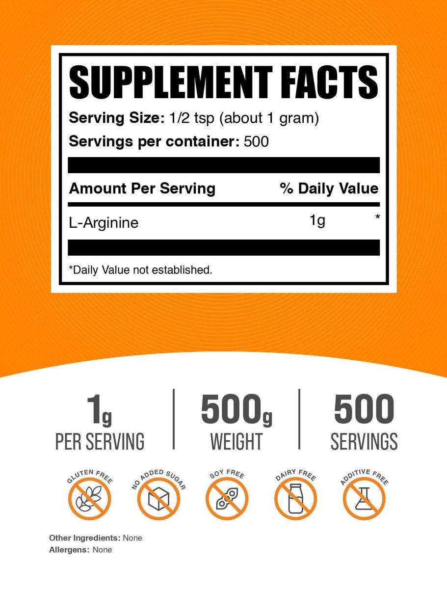 BulkSupplements L-Arginin Pulver - L-Arginin Base, Arginin 1000mg, Arginin Supplement - Stickstoffmonoxid Pulver, Stickoxid Supplement - Glutenfrei, 1000mg pro Portion, 500g (1,1 Pfund)