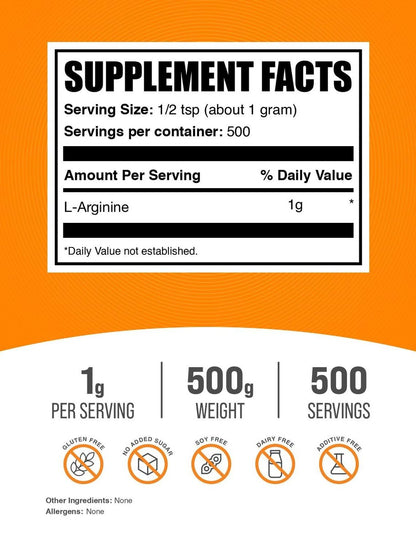 BulkSupplements L-Arginin Pulver - L-Arginin Base, Arginin 1000mg, Arginin Supplement - Stickstoffmonoxid Pulver, Stickoxid Supplement - Glutenfrei, 1000mg pro Portion, 500g (1,1 Pfund)