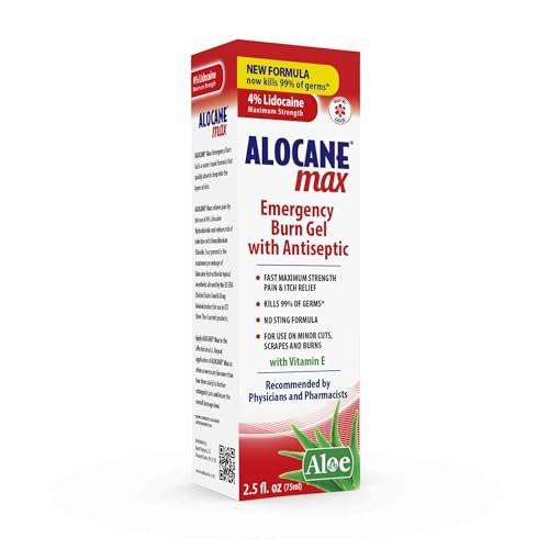 Alocane Max Notfall-Brandgel, 4% Lidocainhydrochlorid, Antiseptikum tötet 99% der Keime, maximale Schmerz- und Juckreizlinderung, für Sonnenbrände, Erste-Hilfe-Brandgel mit Aloe Vera – 74 ml