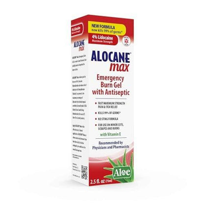 Alocane Max Notfall-Brandgel, 4% Lidocainhydrochlorid, Antiseptikum tötet 99% der Keime, maximale Schmerz- und Juckreizlinderung, für Sonnenbrände, Erste-Hilfe-Brandgel mit Aloe Vera – 74 ml