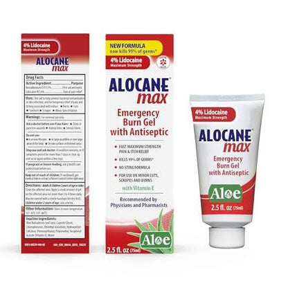 Alocane Max Notfall-Brandgel, 4% Lidocainhydrochlorid, Antiseptikum tötet 99% der Keime, maximale Schmerz- und Juckreizlinderung, für Sonnenbrände, Erste-Hilfe-Brandgel mit Aloe Vera – 74 ml