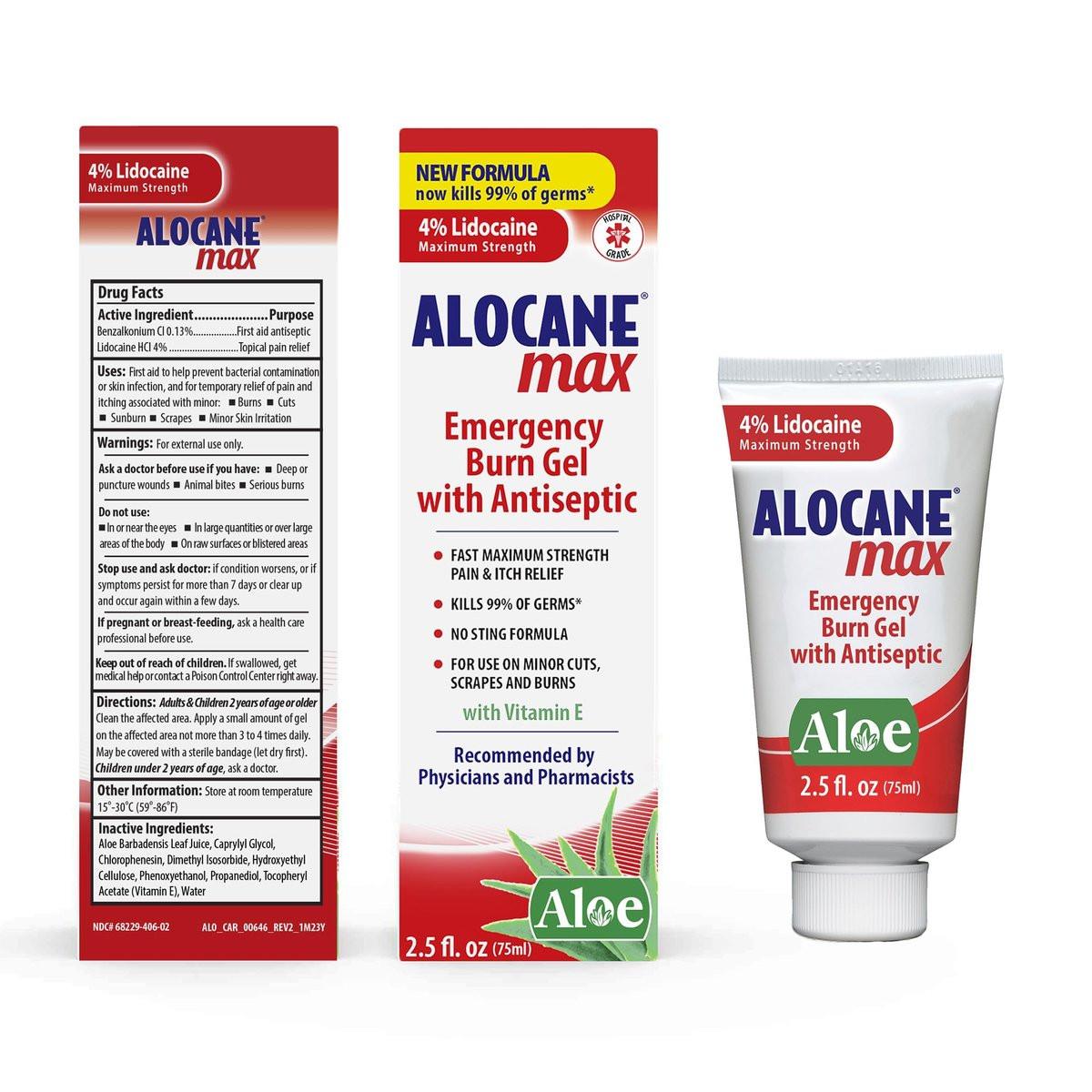 Alocane Max Notfall-Brandgel, 4% Lidocainhydrochlorid, Antiseptikum tötet 99% der Keime, maximale Schmerz- und Juckreizlinderung, für Sonnenbrände, Erste-Hilfe-Brandgel mit Aloe Vera – 74 ml