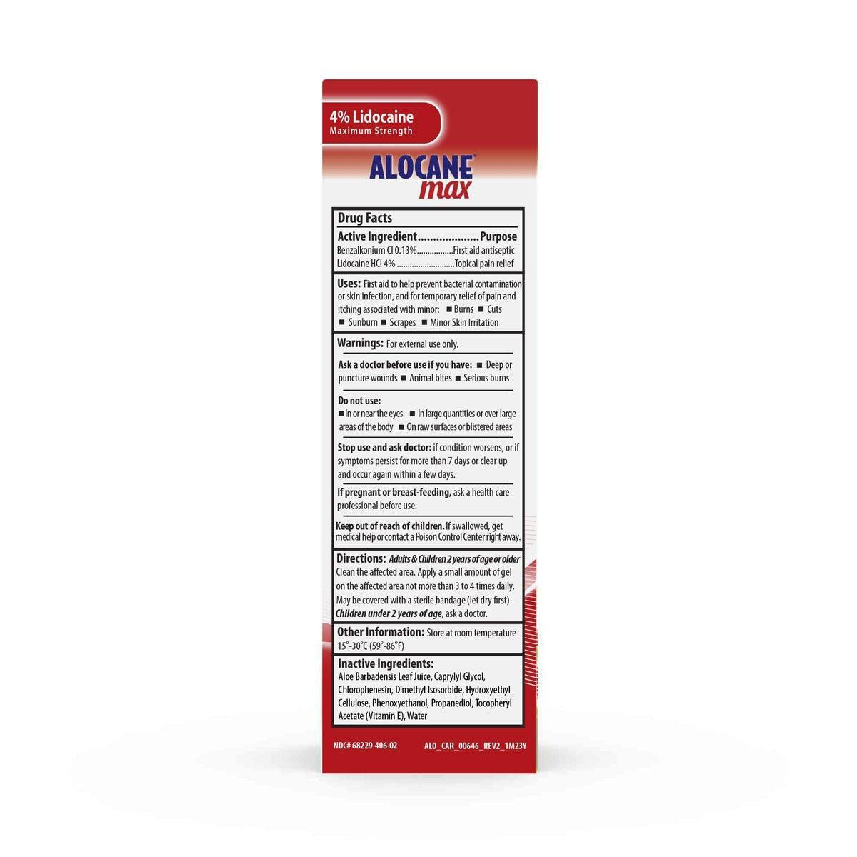 Alocane Max Notfall-Brandgel, 4% Lidocainhydrochlorid, Antiseptikum tötet 99% der Keime, maximale Schmerz- und Juckreizlinderung, für Sonnenbrände, Erste-Hilfe-Brandgel mit Aloe Vera – 74 ml