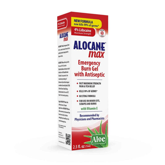 Alocane Max Notfall-Brandgel, 4% Lidocainhydrochlorid, Antiseptikum tötet 99% der Keime, maximale Schmerz- und Juckreizlinderung, für Sonnenbrände, Erste-Hilfe-Brandgel mit Aloe Vera – 74 ml