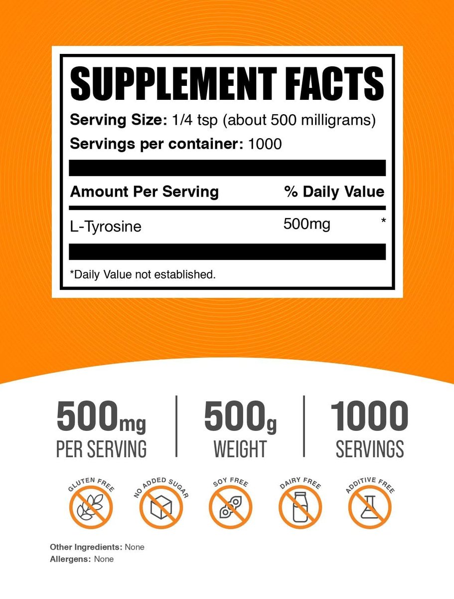 BulkSupplements.com L-Tyrosin Pulver – Sporternährung, Aminosäureergänzung – Ungesüßt & Glutenfrei, 500 mg pro Portion, 500 g (1,1 Pfund) (Packung mit 1)