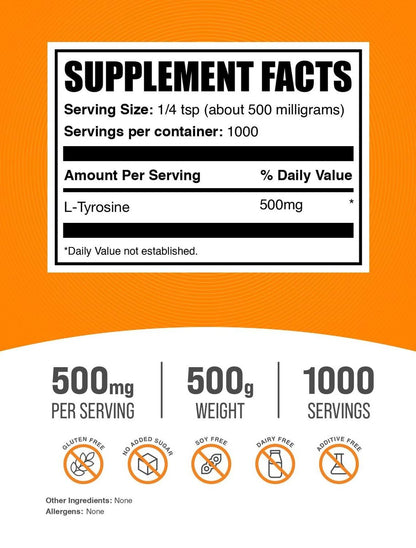 BulkSupplements.com L-Tyrosin Pulver – Sporternährung, Aminosäureergänzung – Ungesüßt & Glutenfrei, 500 mg pro Portion, 500 g (1,1 Pfund) (Packung mit 1)