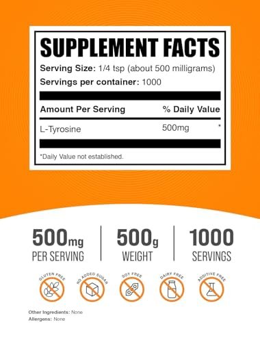 BulkSupplements.com L-Tyrosin Pulver – Sporternährung, Aminosäureergänzung – Ungesüßt & Glutenfrei, 500 mg pro Portion, 500 g (1,1 Pfund) (Packung mit 1)