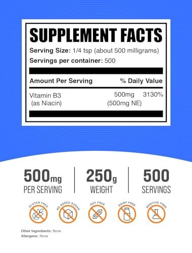 BulkSupplements.com Niacin-Pulver – Vitamin B3 Ergänzung, Niacin-Flush, glutenfrei, 500 mg pro Portion, 250 g (8,8 oz) (1er-Pack)